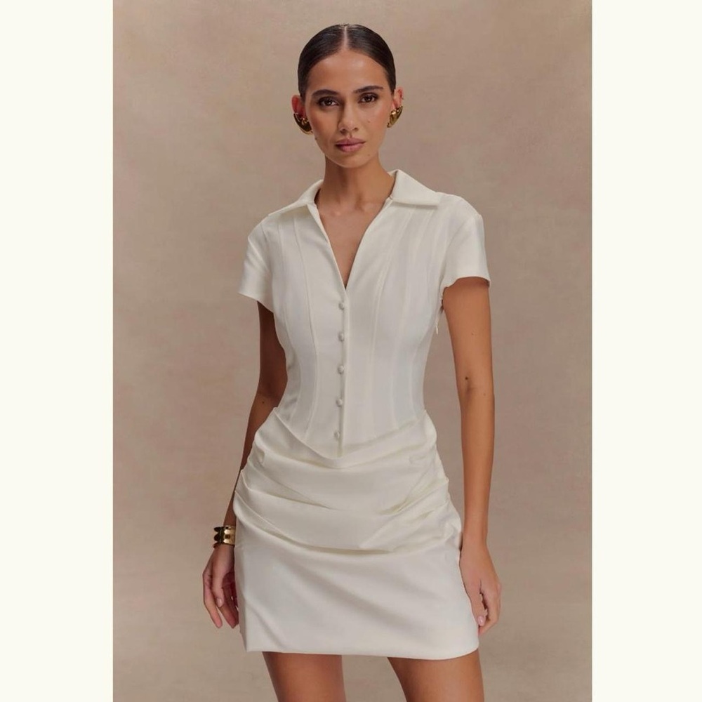 Meshki White Collared Ruched Mini Dress - Picture 6 of 9
